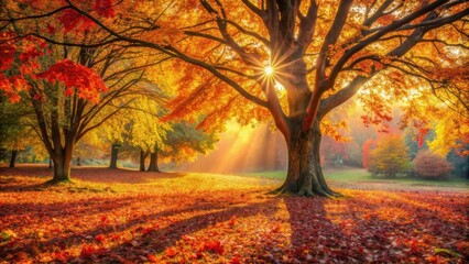 A majestic oak tree stands tall in a forest bathed in the golden hues of autumn, its branches reaching towards the sun, casting long shadows on the carpet of fallen leaves.