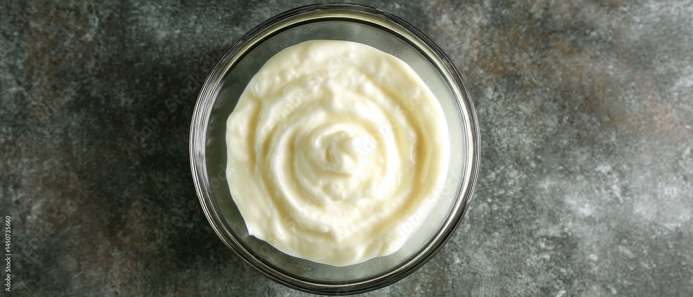 Poster overhead shot of creamy white sauce in a clear glass bowl against a textured gray background creatin