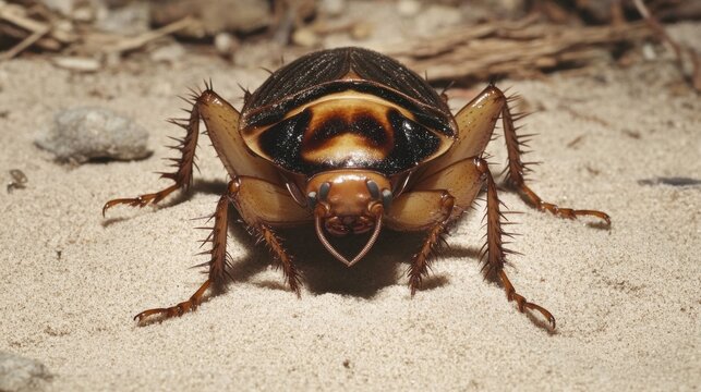 American Cockroach Close Up on Sandy Ground with Detailed Legs and Brown and Black Body Markings