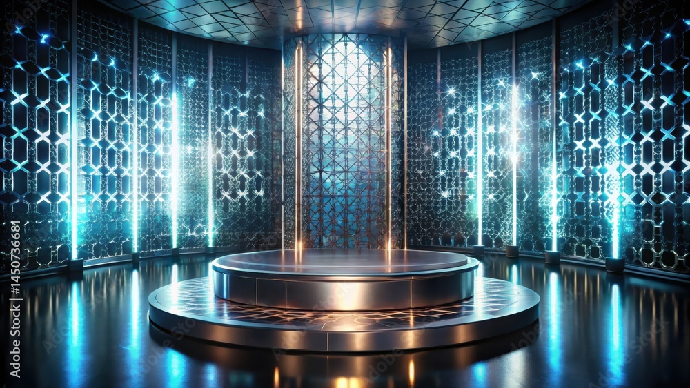 Aufkleber Futuristic and abstract stage with a circular platform and a captivating backdrop of glowing blue and gold patterns