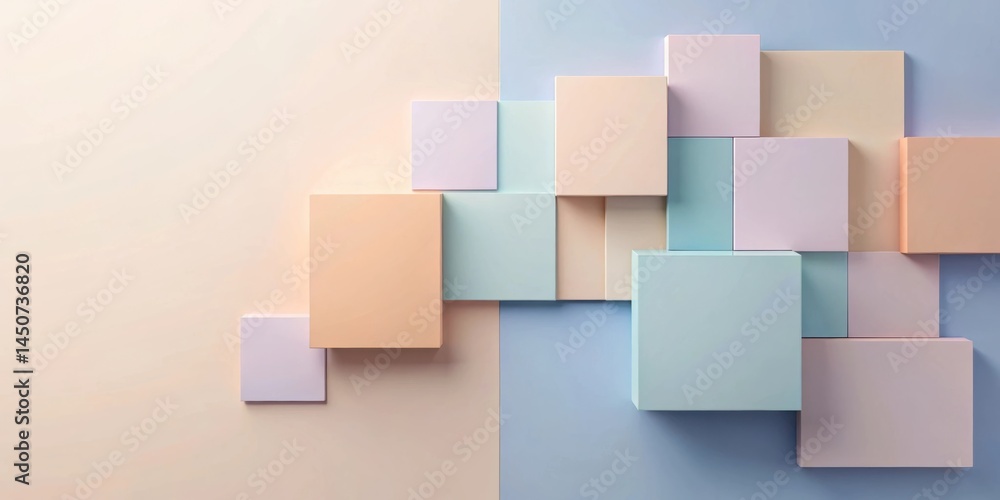 Aufkleber A geometric abstract composition featuring pastel colored squares and rectangles arranged in a layered and overlapping pattern against a light blue and beige background.