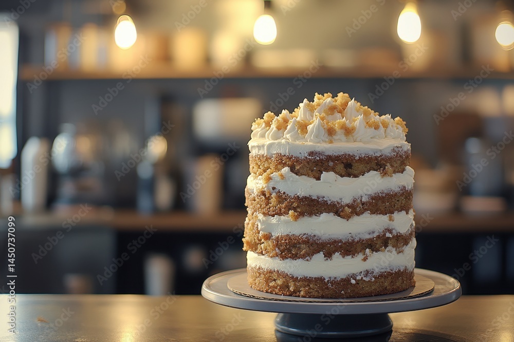 Poster delicious layer cake on display in a cozy cafe setting with warm lighting and muted tones