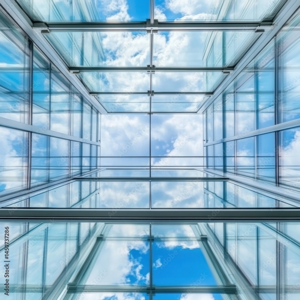 Aufkleber abstract architectural design featuring a glass ceiling reflecting blue sky and white clouds creatin