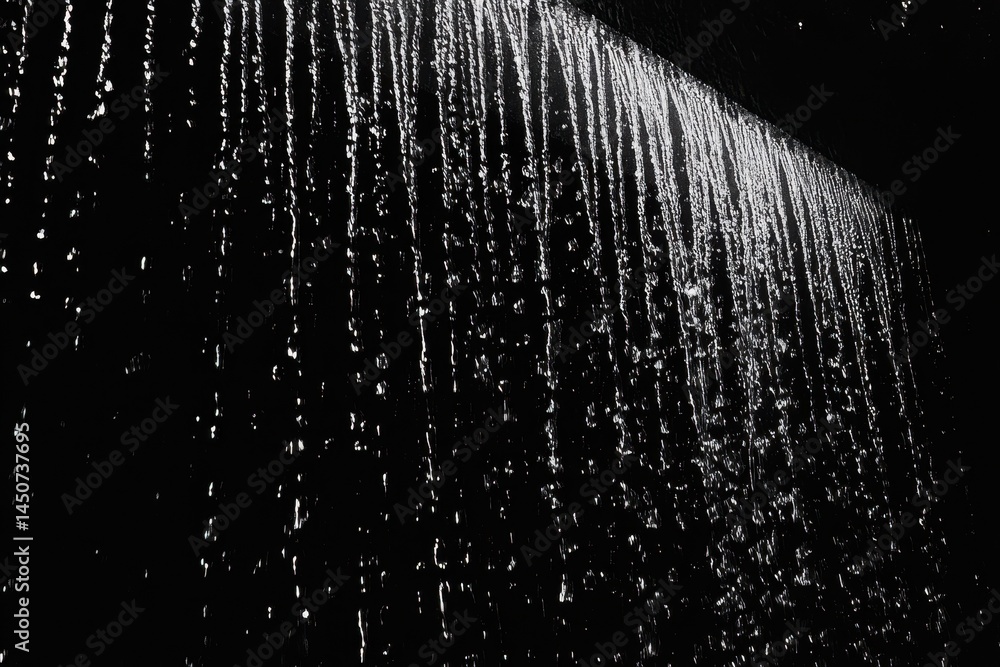 Poster detailed portrayal of animated water cascading against a stark black backdrop creating a tranquil at