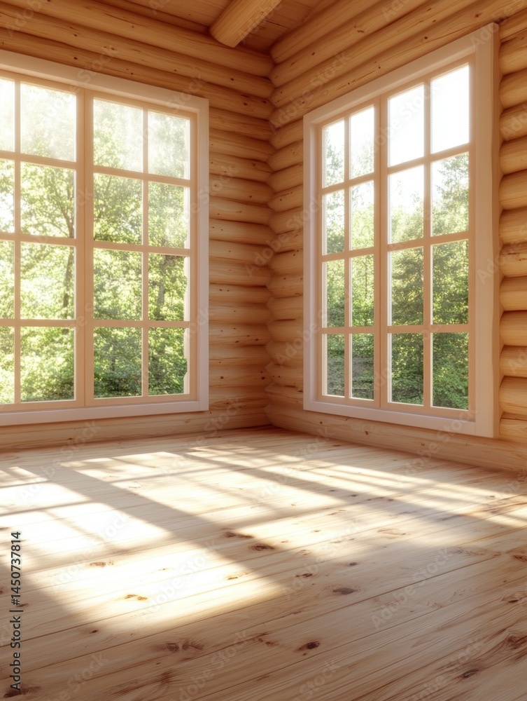 Poster sunlit log cabin interior showcasing rustic charm and natural light streaming through the windows il