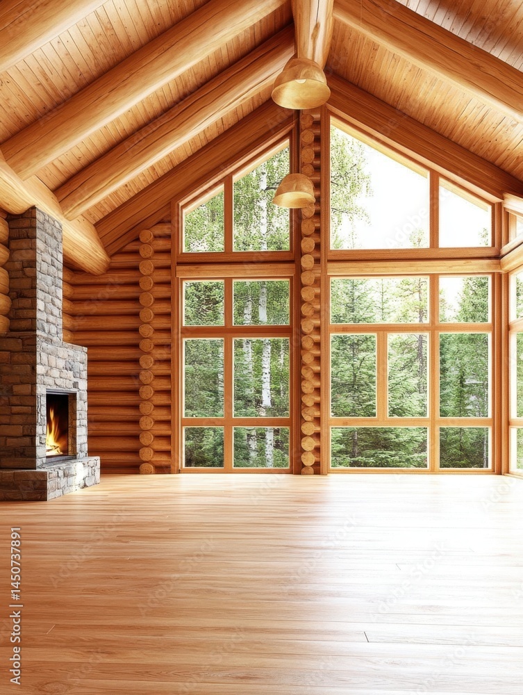 Poster interior of a luxurious log cabin featuring a stone fireplace and large windows showcasing a lush fo