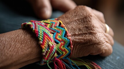 Woven Friendship Bracelet on Wrinkled Hand