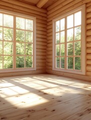 Fototapeta premium Sunlit log cabin interior showcasing rustic charm and natural light streaming through the windows illuminating the wooden floor creating a cozy and inviting atmosphere