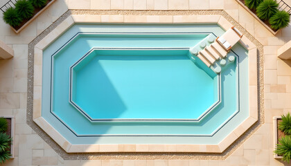 Aerial view of a luxurious swimming pool with sun loungers