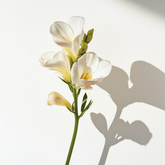 Fototapeta premium single freesia flower against a pure white background.