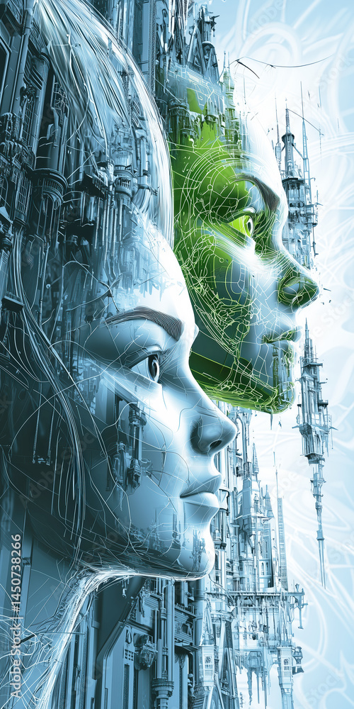 Aufkleber futuristic concept with layered artificial intelligence faces integrated into complex city architect