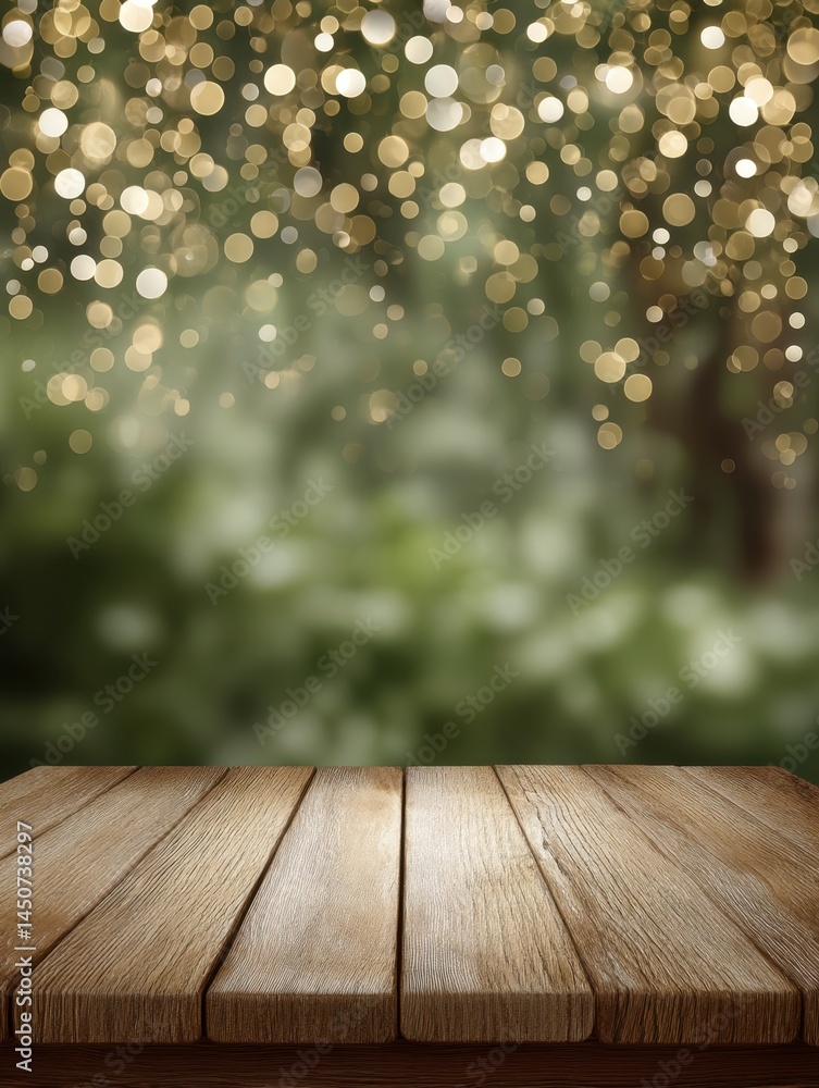 Poster rustic wooden table with sparkling bokeh lights backdrop creating a magical atmosphere for product d