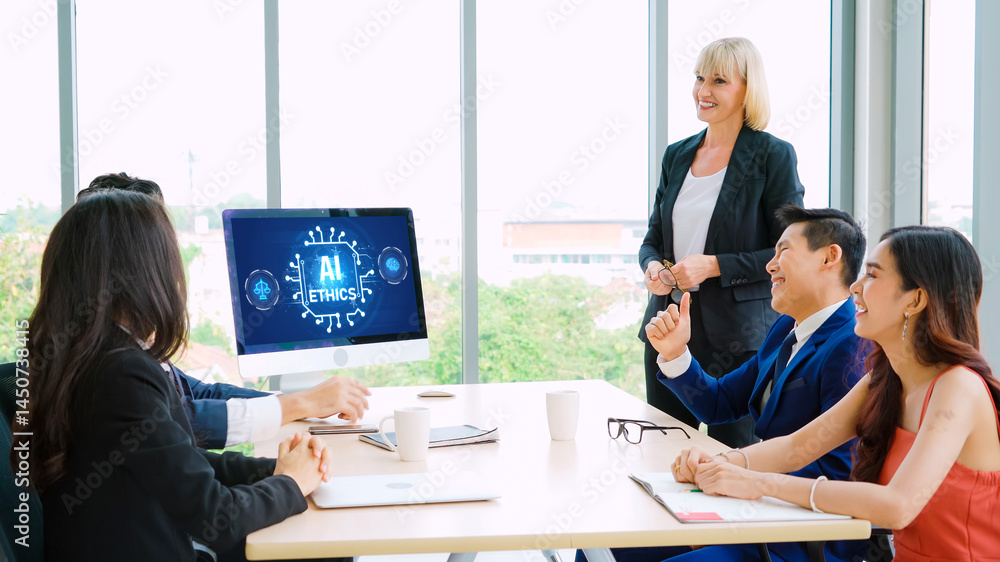 Poster ai ethics responsibility standard law and rules on computer screen provide report of ai ethic transp