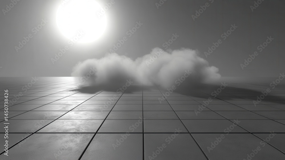 Poster ethereal cloudscape on tiled floor reflecting sunlight creating a surreal and minimalist landscape w