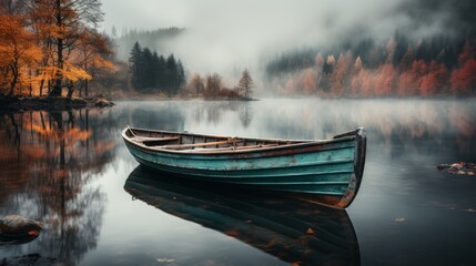 A lonely wooden boat standing on a calm lake surface surrounded by fog with place for text