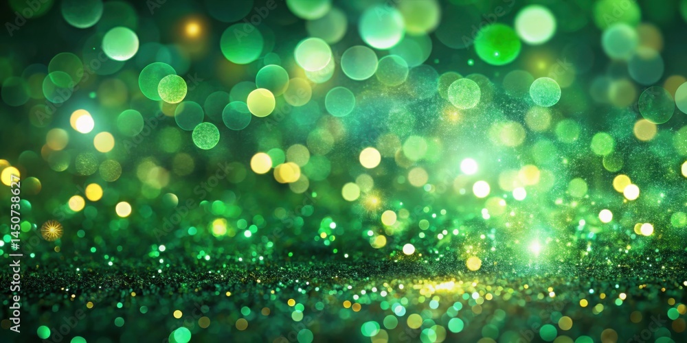 Fototapete a shimmering green background with a bokeh effect, featuring a soft glow and glitter particles.