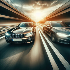 Obraz premium Dynamic driving scene on a highway during sunset with blurred vehicles in motion