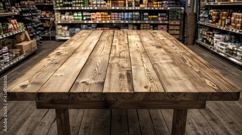 Poster rustic wooden table in a grocery store aisle offering a blank canvas for product placement and adver