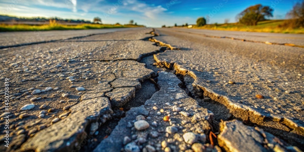 Poster a close up view of the cracks in a paved road, the cracked asphalt is textured with small pebbles an