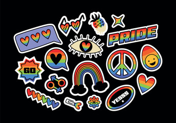 Set of rainbow gender stickers in retro cartoon. Flat vector illustration in groovy style, symbol, icon. LGBTQI pride month celebration, tolerance, June, orientation, gender, rainbow, equality, gay.