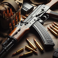 Detailed view of military gear with firearm and ammunition on wooden surface in tactical setting