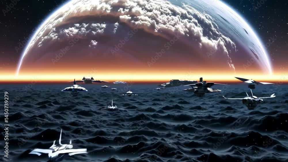 Poster the image depicts futuristic ships navigating a deep sea under a massive planet. the scene captures 