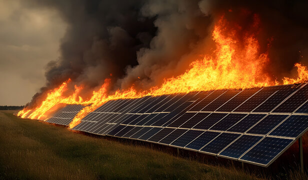 large fire engulfs row of solar panels, with thick black smoke rising into sky as firefighters approach scene. intense flames highlight urgency of situation