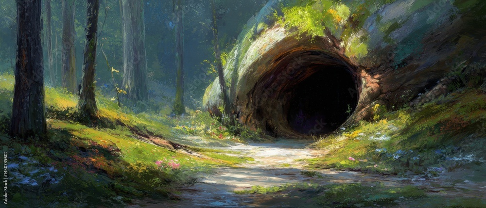 Poster enchanted forest path leading to a mysterious cave entrance amidst lush greenery and sunlight creati