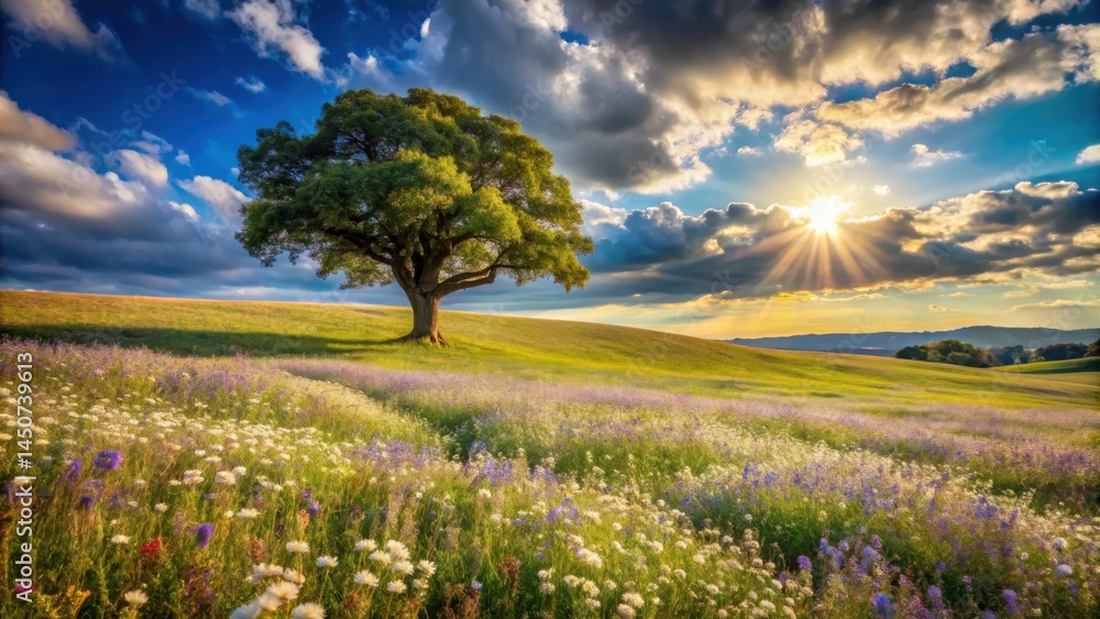 Poster a solitary tree stands tall against a backdrop of vibrant wildflowers, bathed in the warm glow of th