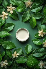 Natural skincare container amidst leaves and blossoms on green background
