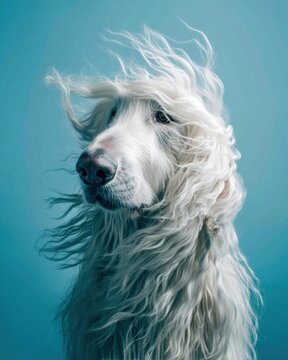 Elegant Afghan Hound Portrait with Flowing White Fur Against a Soft Blue Background Capturing Graceful Movement and Serene Beauty in a Studio Shot