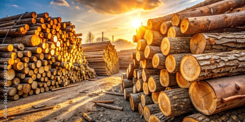 Poster A Collection of Logs Stacked in a Yard, Illuminated by the Golden Light of the Setting Sun
