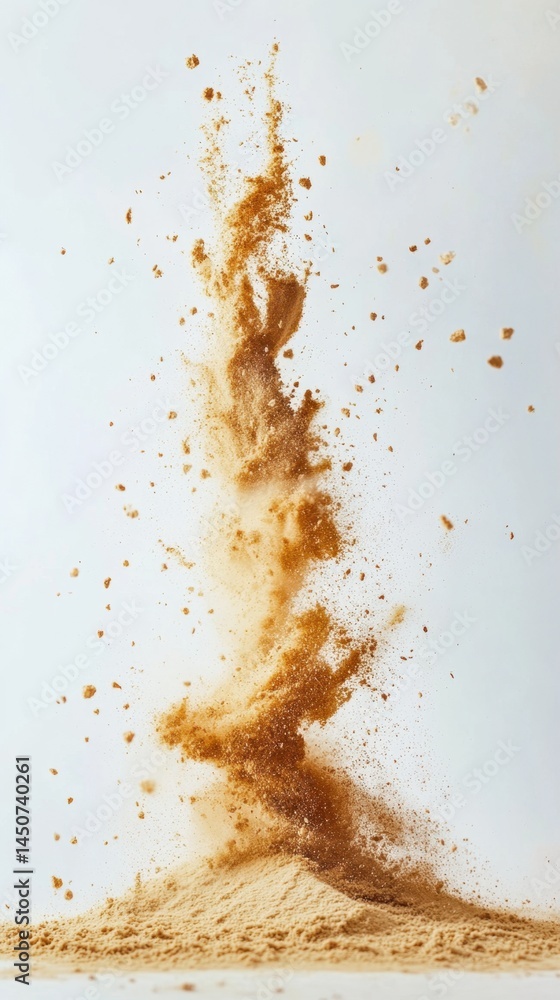 Poster exploding brown powder against a white background revealing dynamic movement and texture