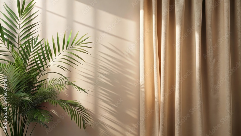 Fototapete Sunlight filtering through a window casts patterned shadows on a beige wall and a flowing curtain, creating a serene and minimalist backdrop