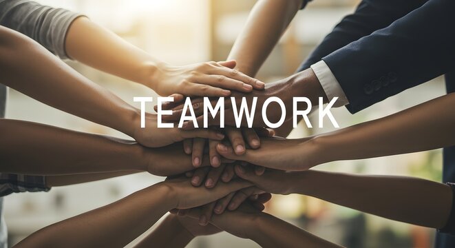 Many hands together symbolizing teamwork collaboration and unity in a bright setting.