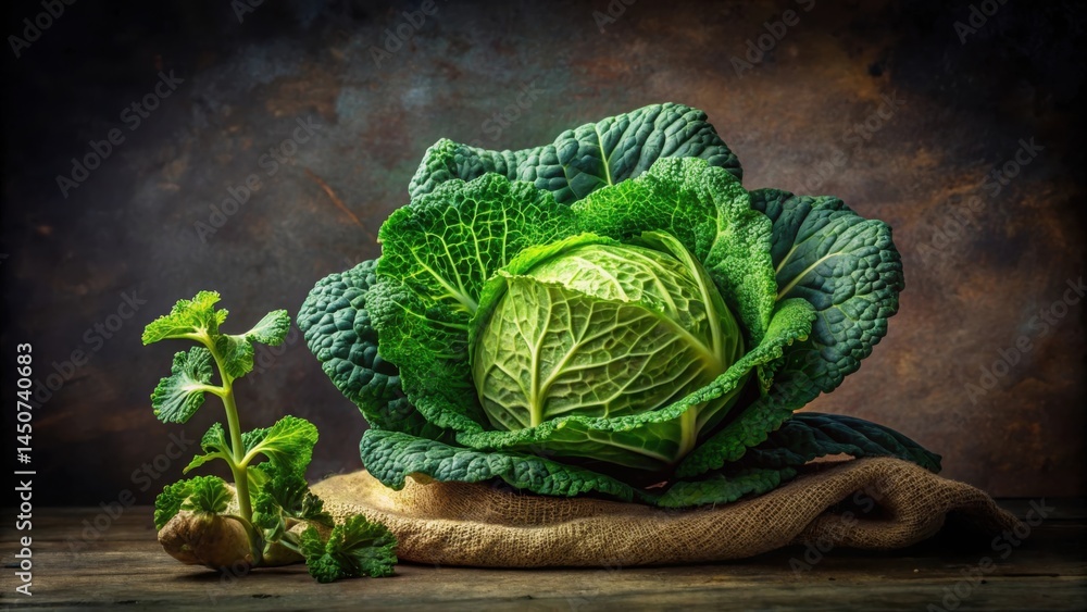 Poster a fresh green cabbage resting on a burlap cloth with a small sprout of greens beside it