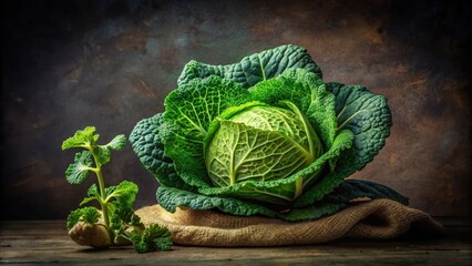 A Fresh Green Cabbage Resting On a Burlap Cloth With a Small Sprout of Greens Beside It