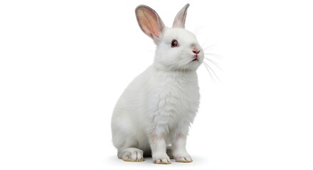 Obraz premium A white rabbit sitting upright with its ears perked up on a plain white background in a studio setting