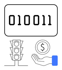 Binary code, traffic light, coin on palm. Ideal for technology, finance, digital transactions, automation, regulations, decision-making simple landing page