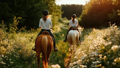 Fototapete Two girls horseback riding in a sunlit forest path © talkative.studio