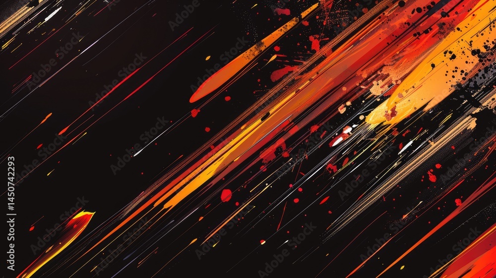 Poster an abstract black background enhanced with vibrant orange splashes, creating a dynamic and visually 