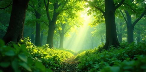 Naklejka premium Sunlight dappled, emerald canopy, vibrant undergrowth, wild, background, ecosystem