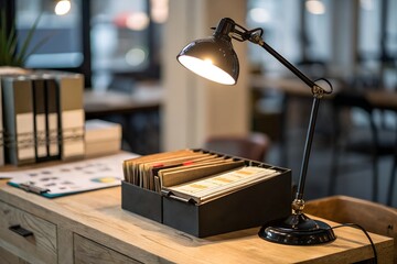 Standing lamp beside work desk with closed file organisers
