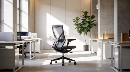 Ergonomic office chair in a modern, sunlit workspace with desks