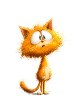 An orange cartoon cat with big eyes and a fluffy tail stands on a white background looking quizzically at something unseen with a surprised expression on its face.