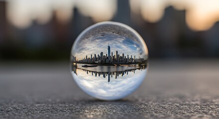 City skyline reflected in a crystal ball on a textured surface.