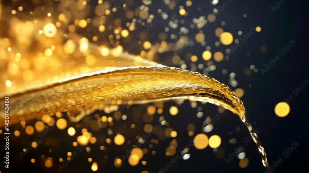 Poster elegant golden liquid splashing and flowing with bokeh sparkles
