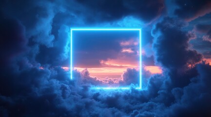 Glowing blue neon frame amidst a surreal cloudscape under a colorful sky