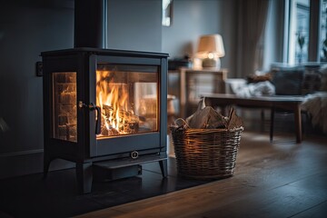 Cozy wood stove in a living room.  A warm fire blazes inside a dark gray stove, situated on a wooden floor. A wicker basket of firewood rests nearby. Soft lighting and warm tones fill the space