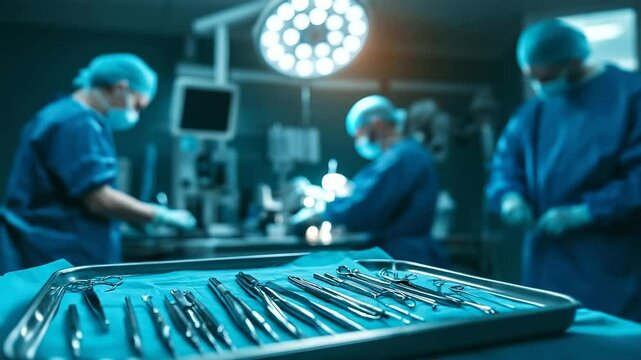 An open surgical tray displaying specialized instruments, while surgeons in the background operate with utmost concentration on a transplant procedure.